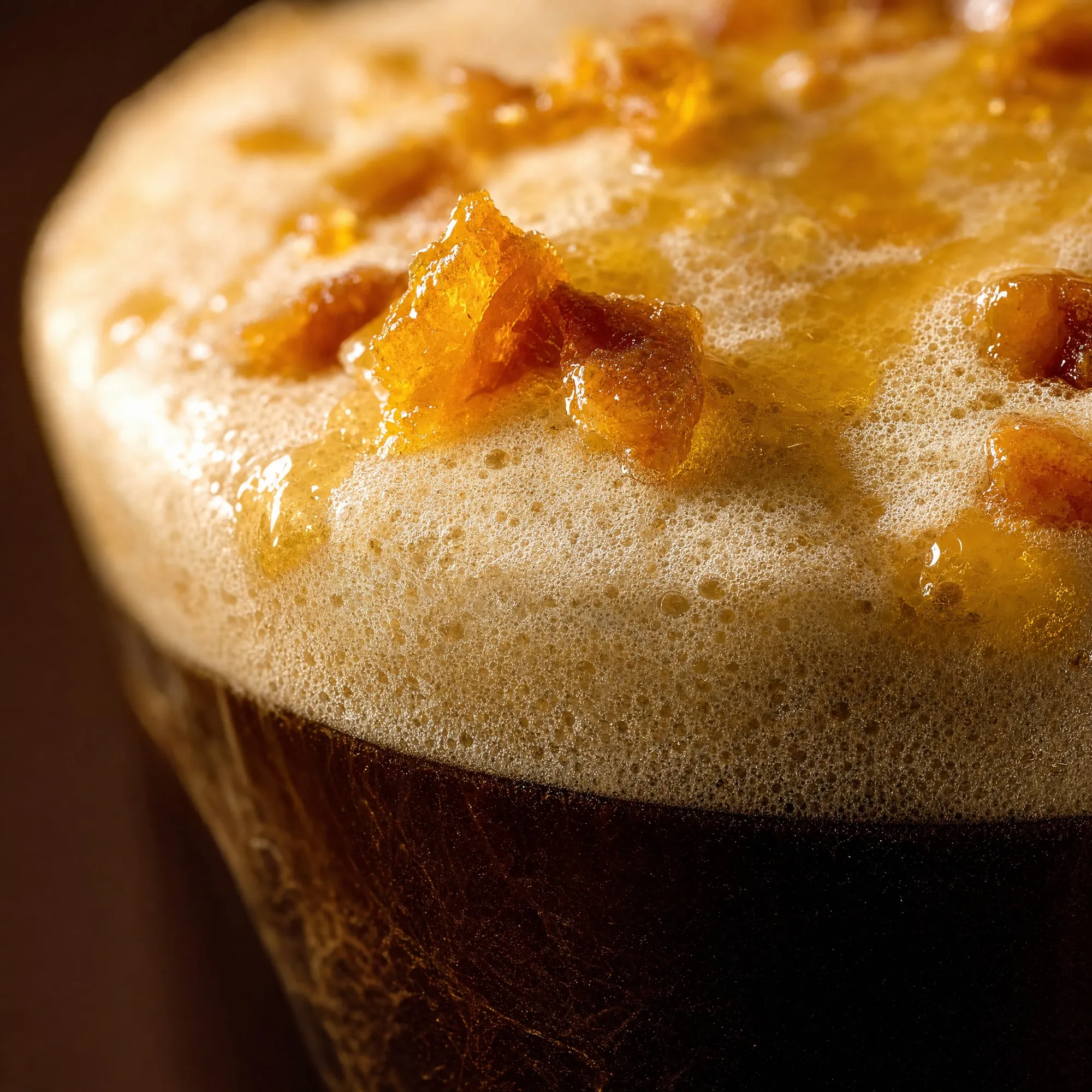 Happy Gold Cold Brew: Cold Foam mit goldenem Karamell-Crunch in Nahaufnahme