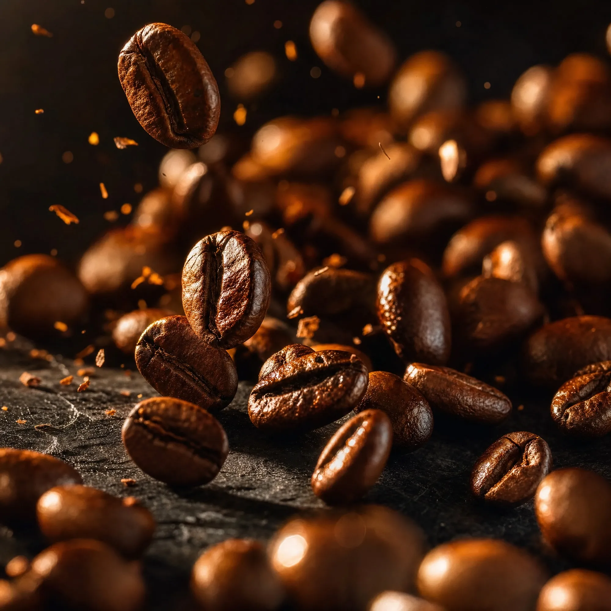 Frisch geröstete Kaffeebohnen in Nahaufnahme, warm ausgeleuchtet