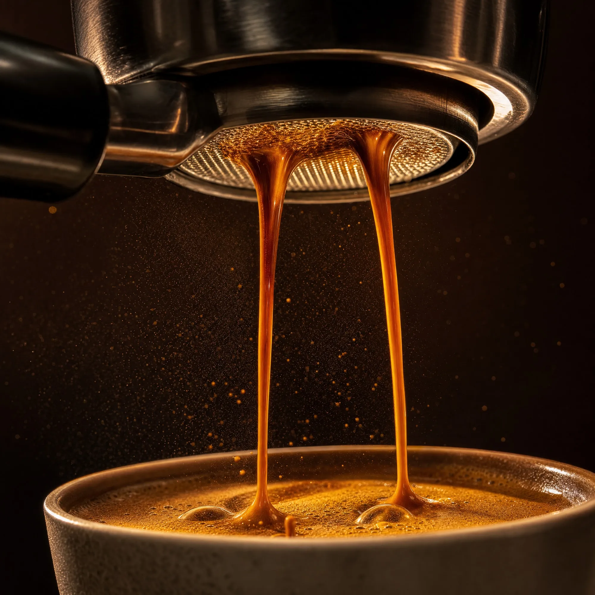Espresso-Extraktion mit dichter Crema in Makroaufnahme