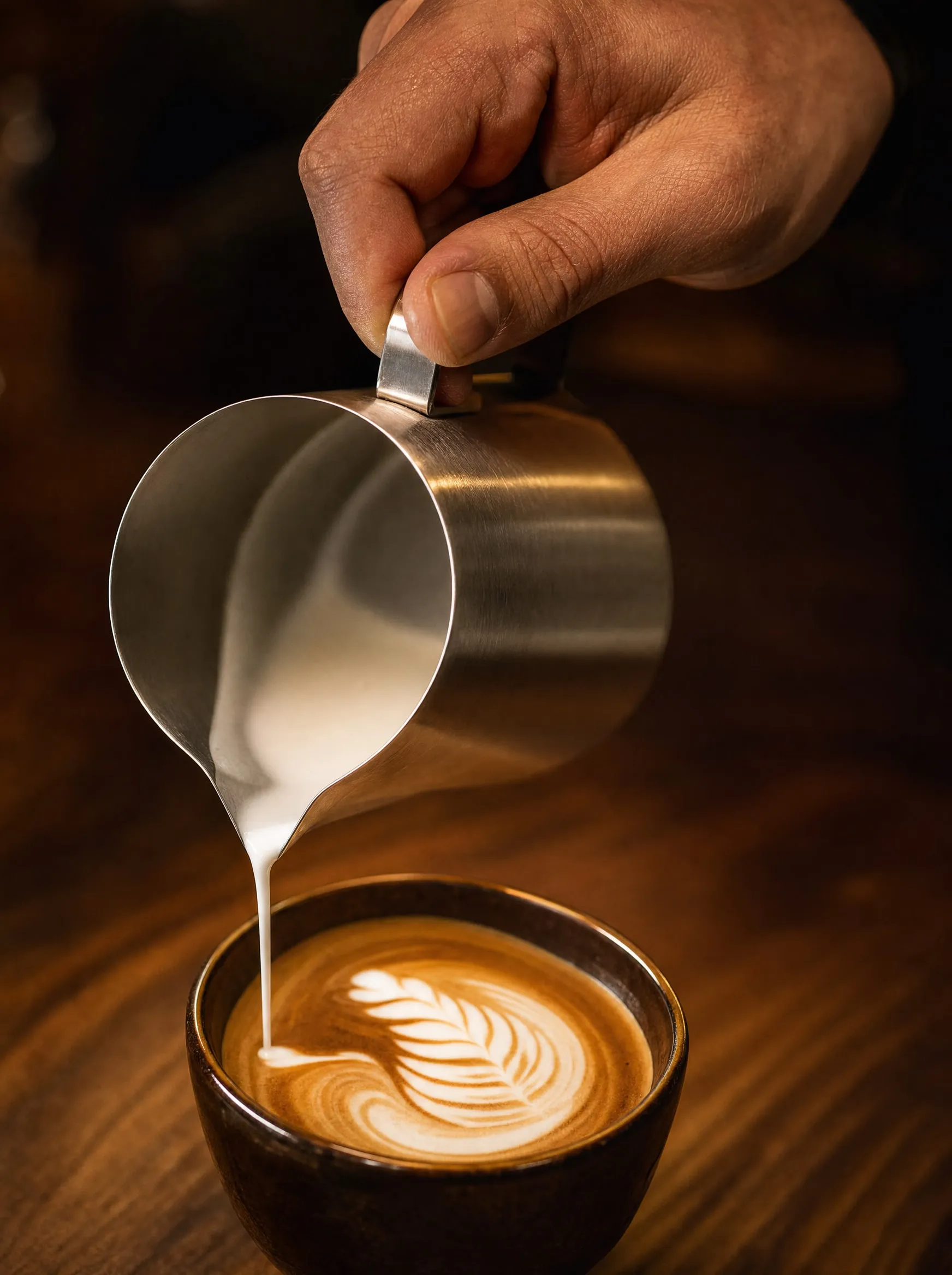 Milch wird in eine Tasse mit Latte-Art gegossen