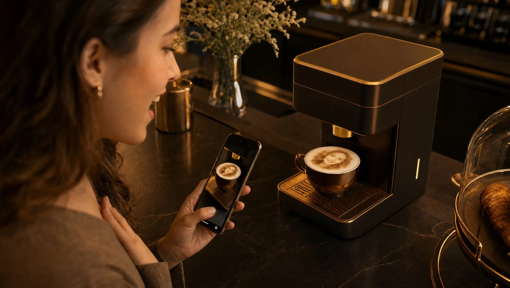 Selfie-Latte-Station druckt ein Porträt auf den Milchschaum eines Cappuccinos