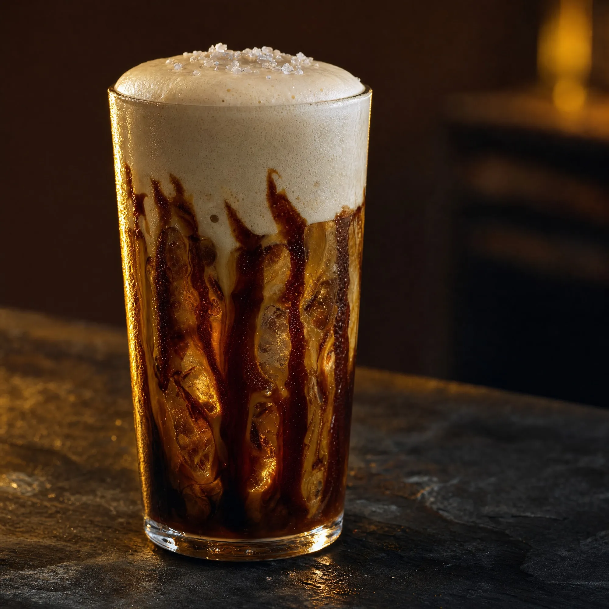 Kaffee mit Sea-Salt-Foam und Brown-Sugar-Streifen im Glas