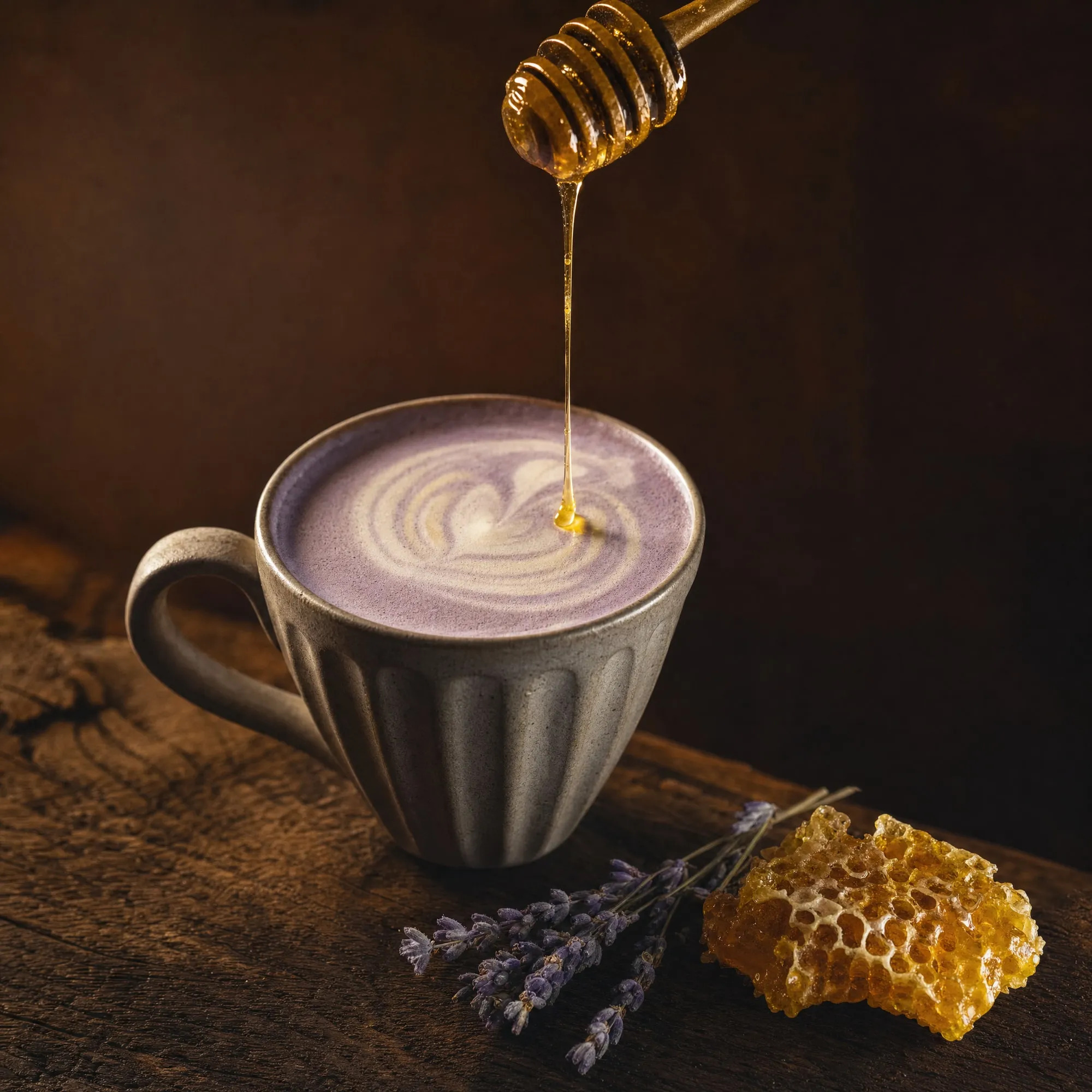 Honey-Lavender-Latte mit Lavendelzweig auf dunklem Holz