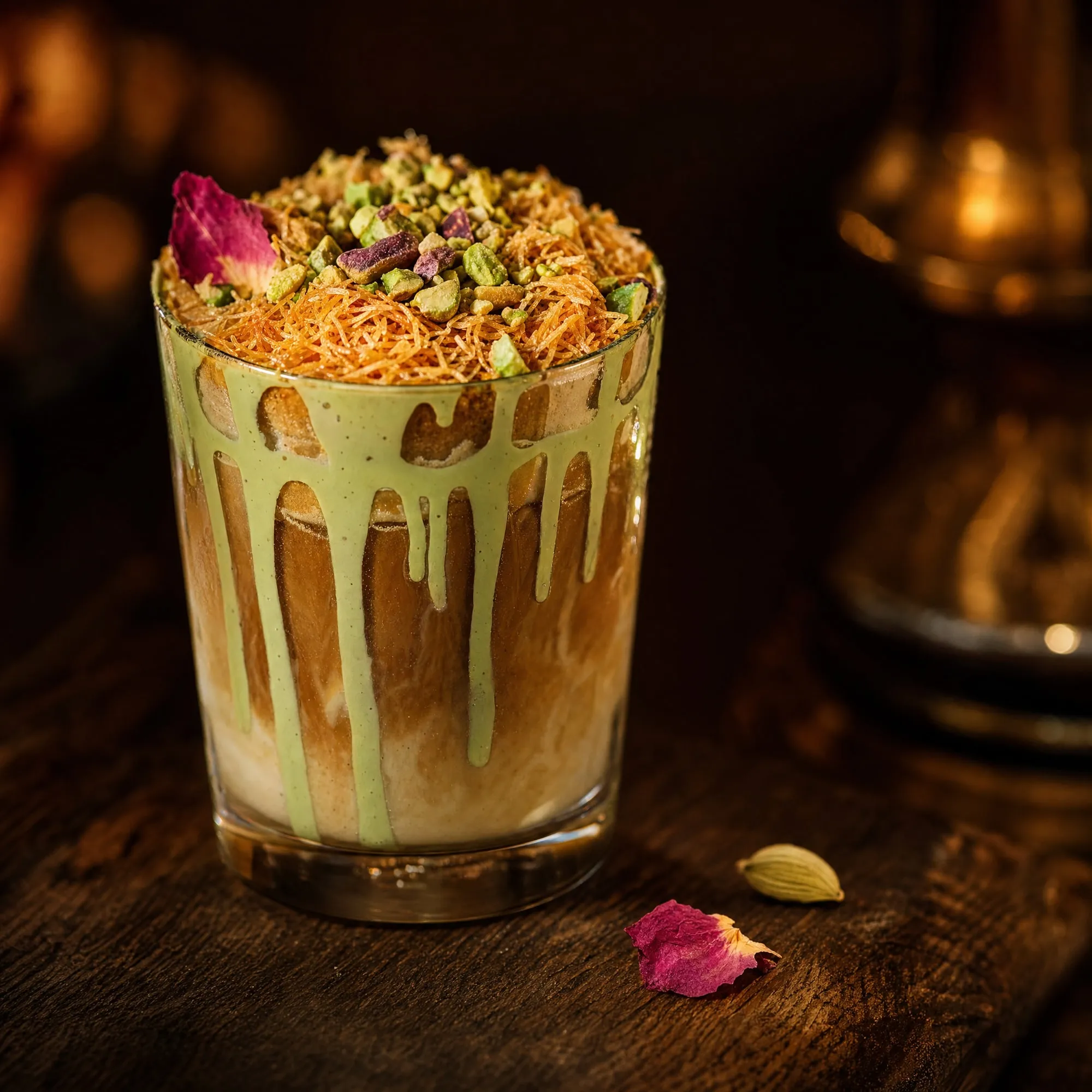 Latte mit Pistazien-Topping im Stil der Dubai-Chocolate-Veredelung